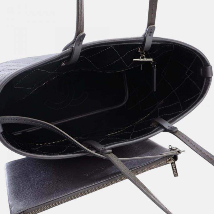 Pre Owned Chanel Silver Large Quilted Metallic Caviar Shopping Fever Tote