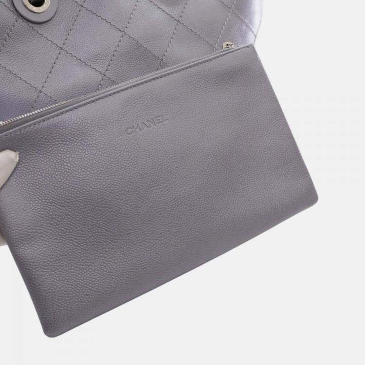 Pre Owned Chanel Silver Large Quilted Metallic Caviar Shopping Fever Tote