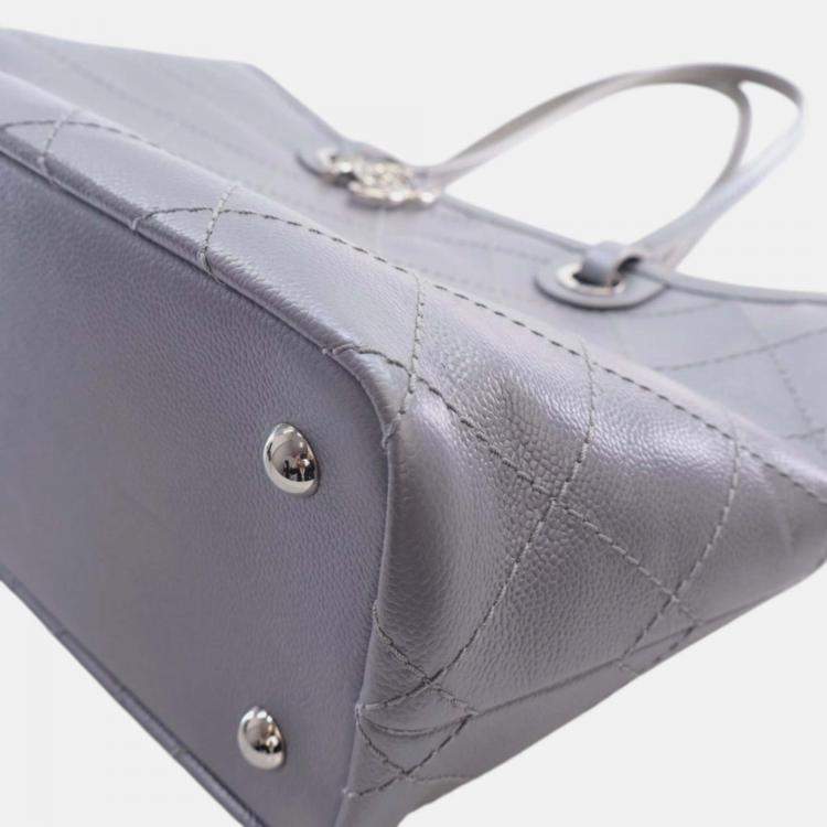 Pre Owned Chanel Silver Large Quilted Metallic Caviar Shopping Fever Tote