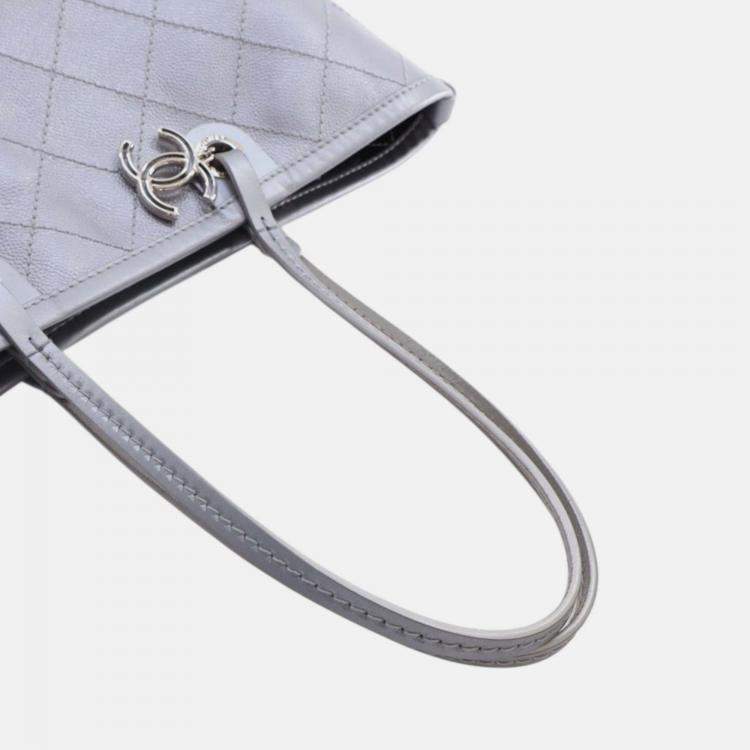 Pre Owned Chanel Silver Large Quilted Metallic Caviar Shopping Fever Tote