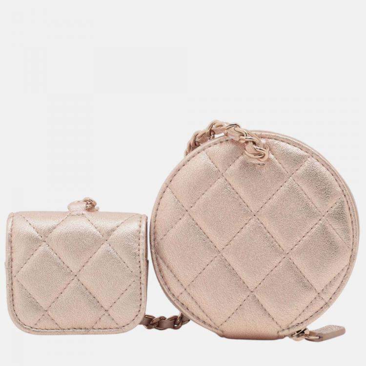 Pre Owned Chanel Pink CC Quilted Metallic Lambskin Coin Pouch and AirPods Pro Case
