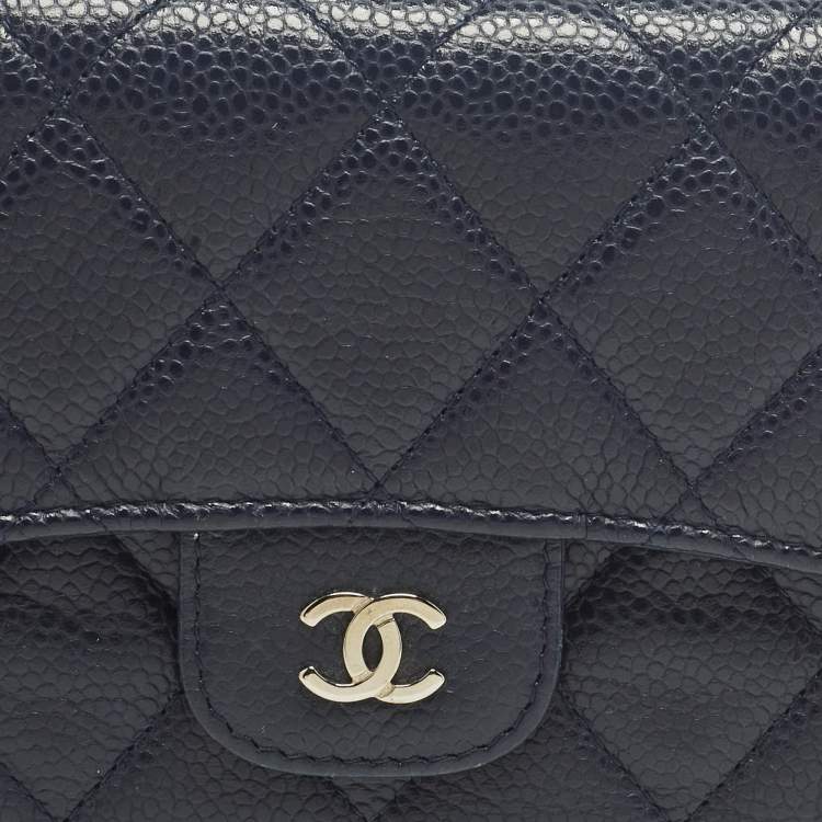 Pre Owned Chanel Navy Blue Quilted Caviar Leather Classic L Trifold Wallet