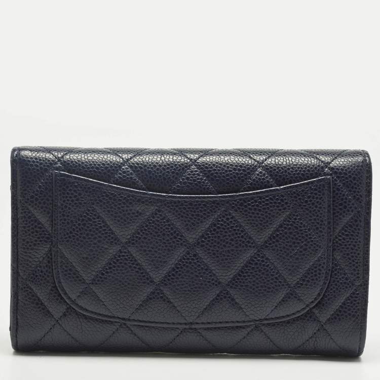 Pre Owned Chanel Navy Blue Quilted Caviar Leather Classic L Trifold Wallet