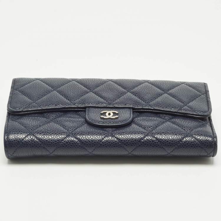 Pre Owned Chanel Navy Blue Quilted Caviar Leather Classic L Trifold Wallet