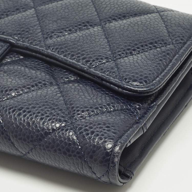 Pre Owned Chanel Navy Blue Quilted Caviar Leather Classic L Trifold Wallet