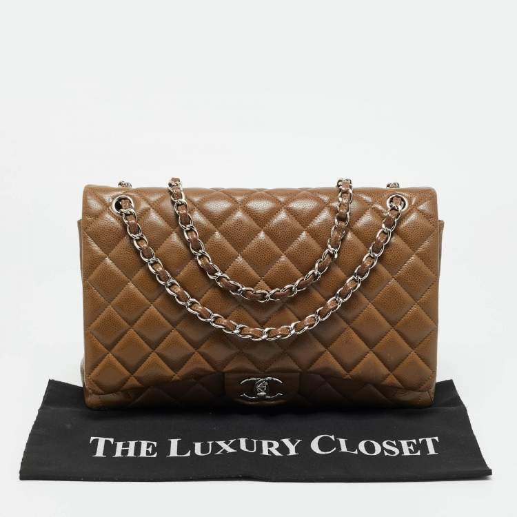 Pre Owned Chanel Brown Quilted Caviar Leather Maxi Classic Double Flap Bag
