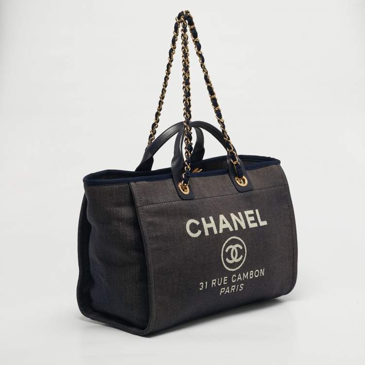 Pre Owned Chanel Navy Blue Denim Large Deauville Shopper Tote