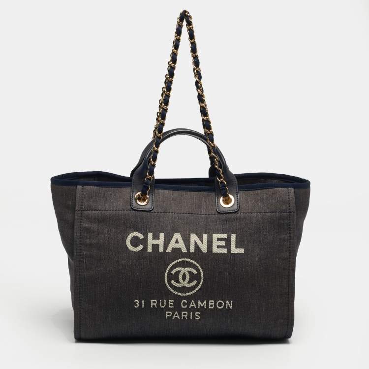Pre Owned Chanel Navy Blue Denim Large Deauville Shopper Tote
