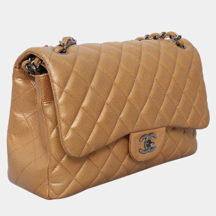 Pre Owned Chanel Brown Caviar Classic Jumbo Double Flap Bag