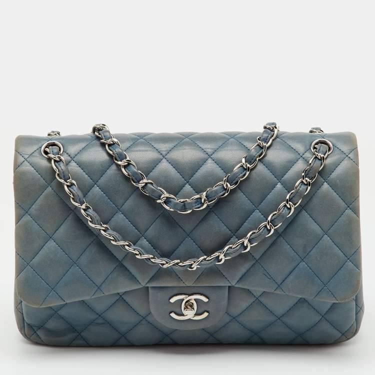 Pre Owned Chanel Blue Quilted Leather Jumbo Classic Double Flap Bag