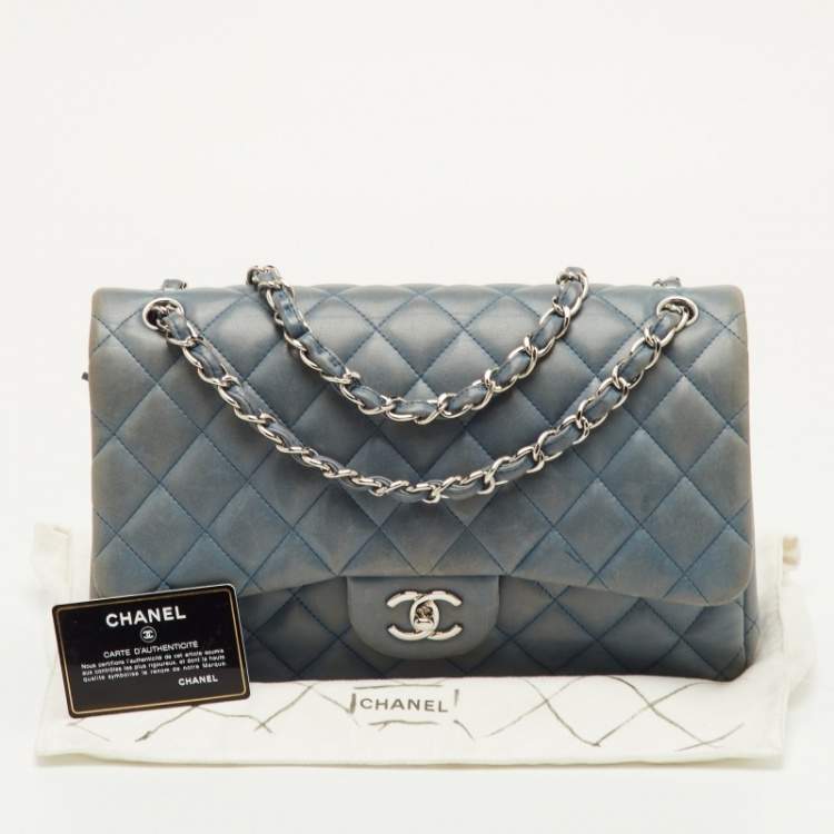 Pre Owned Chanel Blue Quilted Leather Jumbo Classic Double Flap Bag