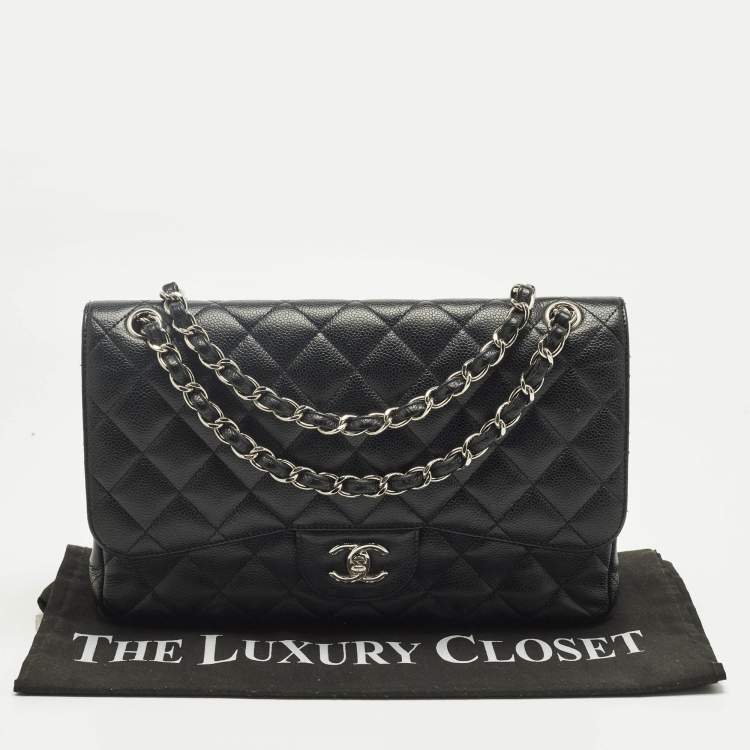 Pre Owned Chanel Black Quilted Caviar Leather Jumbo Classic Double Flap Bag