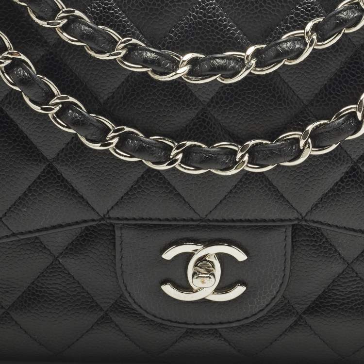 Pre Owned Chanel Black Quilted Caviar Leather Jumbo Classic Double Flap Bag