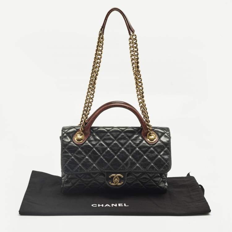 Pre Owned Chanel Black/Burgundy Quilted Glazed Leather Medium Castle Rock Top Handle Bag