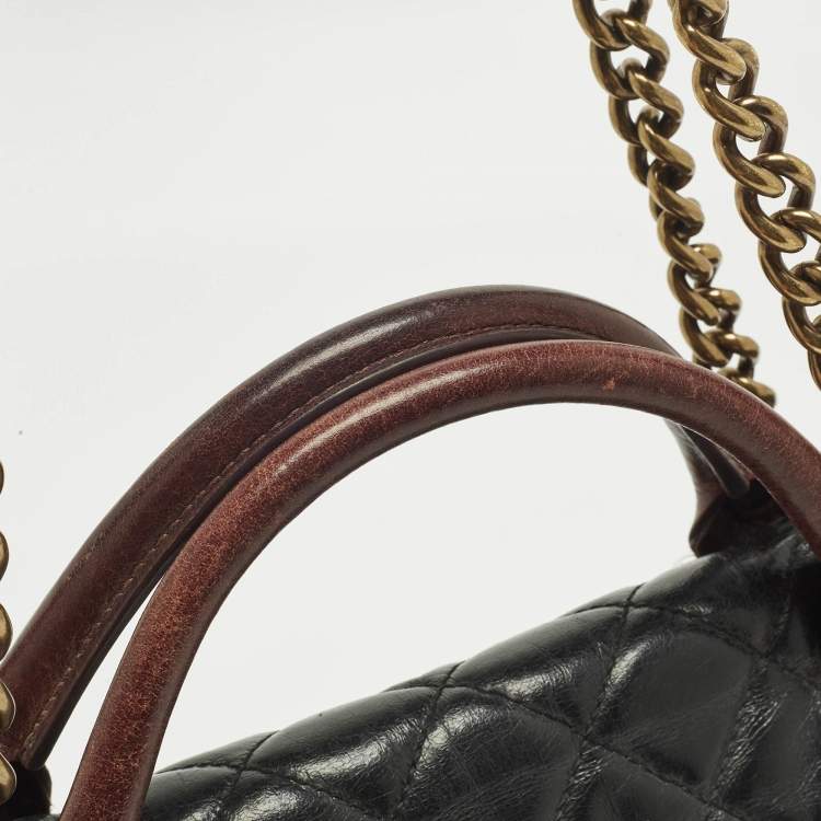 Pre Owned Chanel Black/Burgundy Quilted Glazed Leather Medium Castle Rock Top Handle Bag