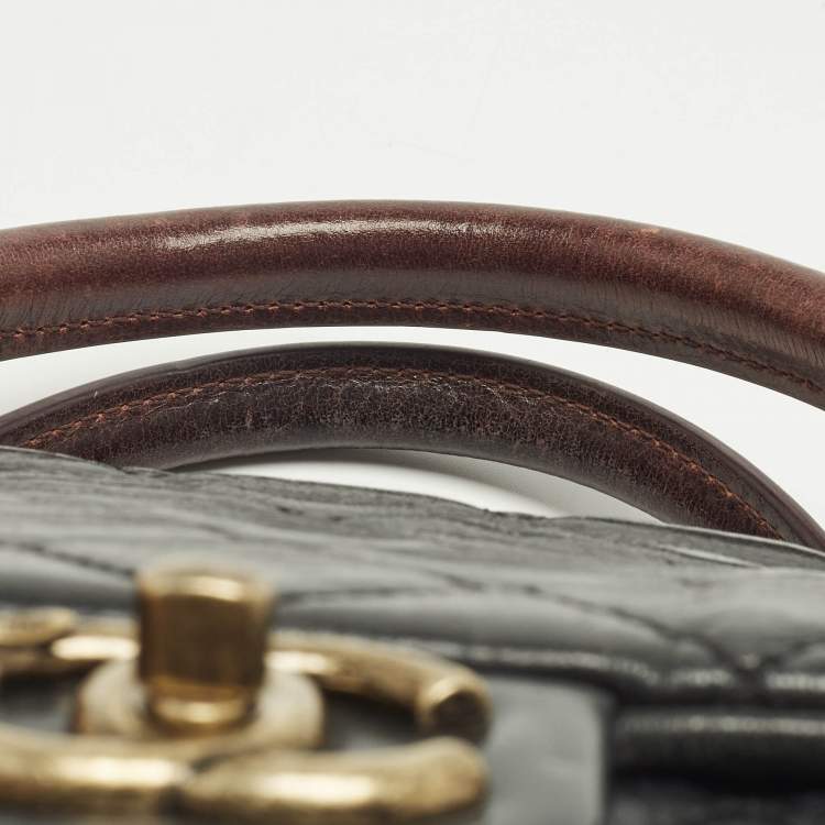 Pre Owned Chanel Black/Burgundy Quilted Glazed Leather Medium Castle Rock Top Handle Bag