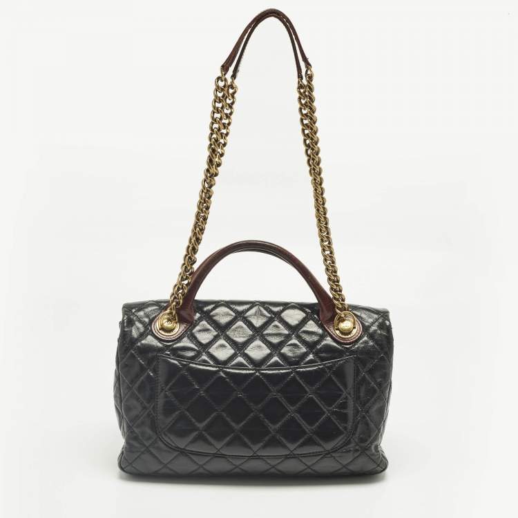 Pre Owned Chanel Black/Burgundy Quilted Glazed Leather Medium Castle Rock Top Handle Bag