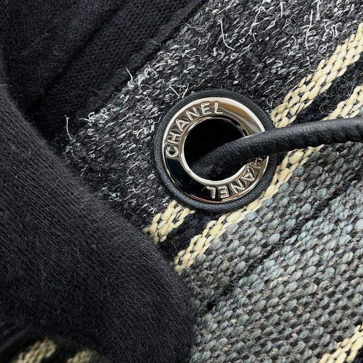 Pre Owned Chanel Deauville Drawstring Shoulder Black/Gray/White Canvas