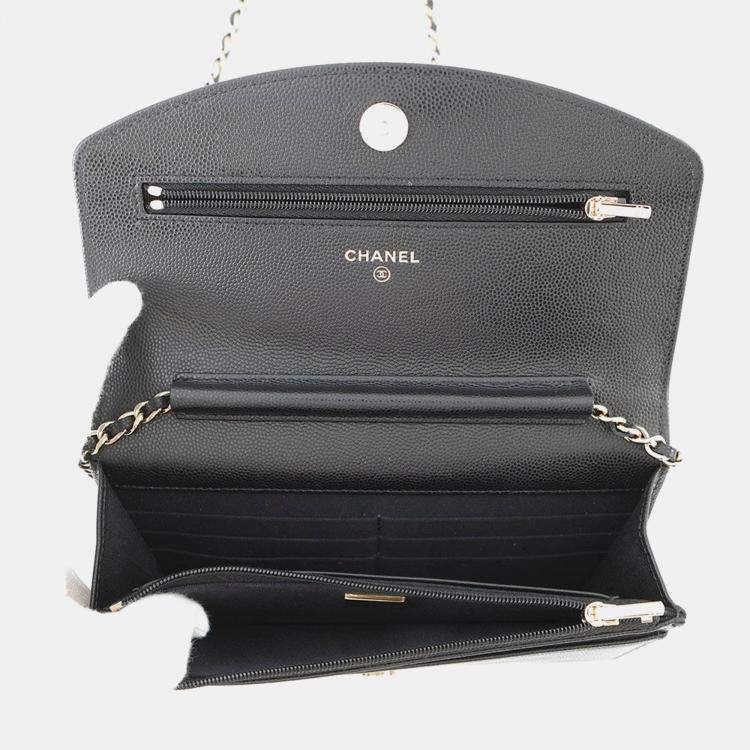 Pre Owned Chanel Chain Wallet Black Caviar Leather