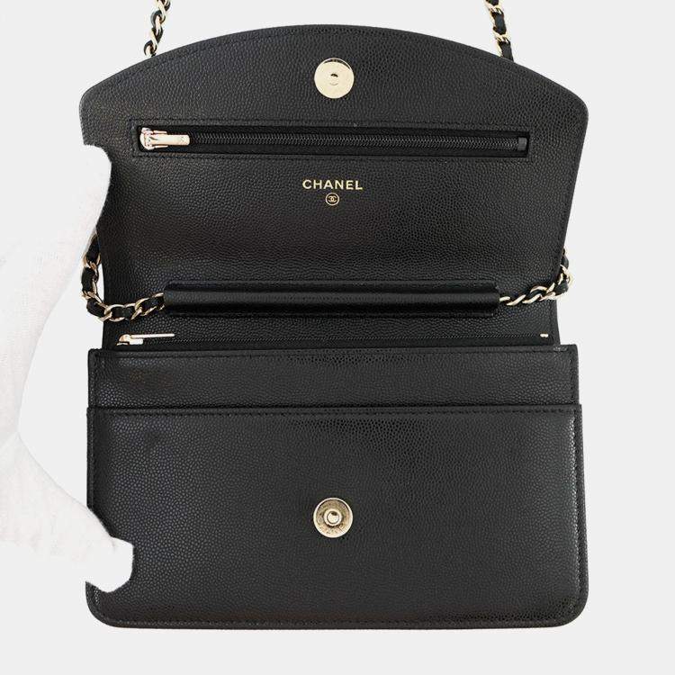 Pre Owned Chanel Chain Wallet Black Caviar Leather