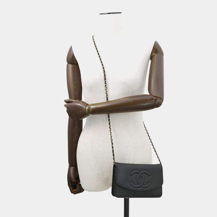 Pre Owned Chanel Chain Wallet Black Caviar Leather