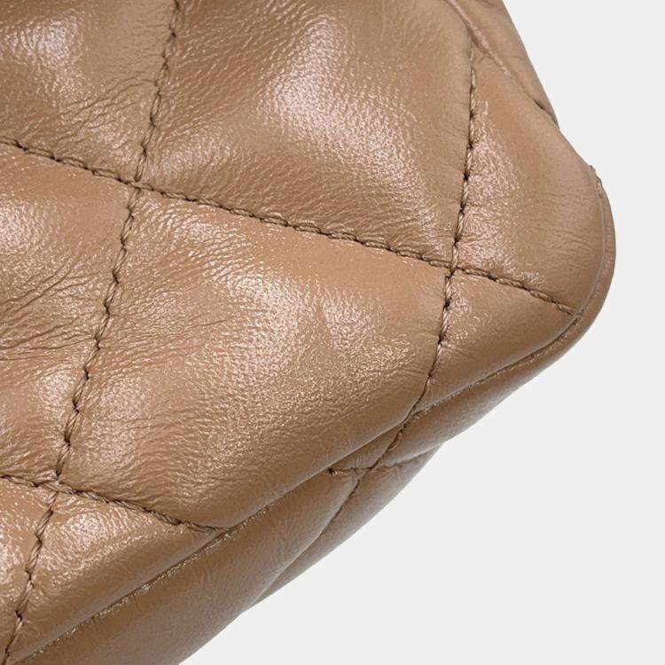 Pre Owned Chanel Matelasse Top Handle 2-Way Chain Shoulder Bag Beige Shiny Lambskin Size Small