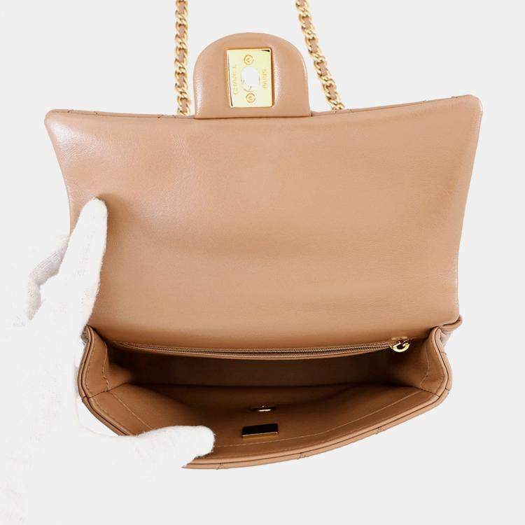 Pre Owned Chanel Matelasse Top Handle 2-Way Chain Shoulder Bag Beige Shiny Lambskin Size Small