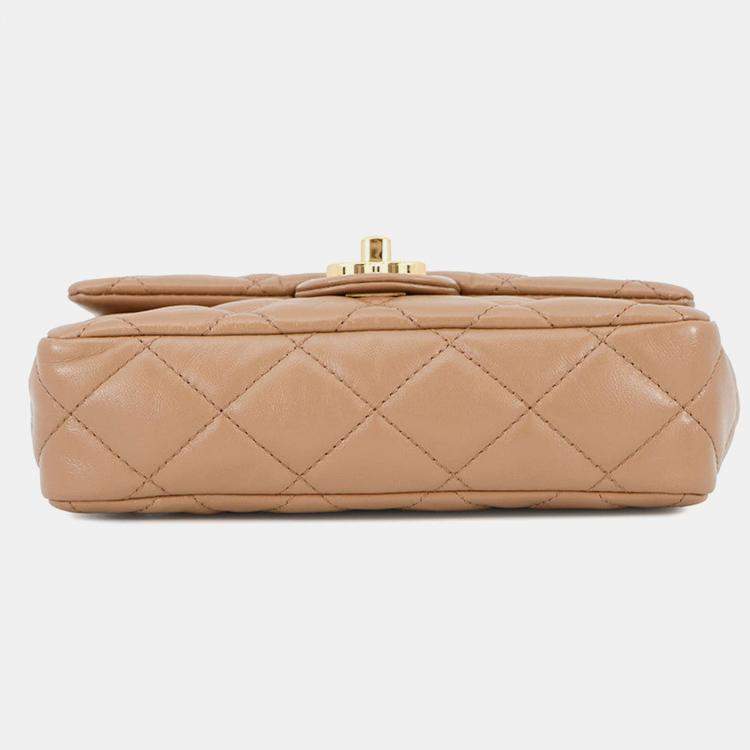 Pre Owned Chanel Matelasse Top Handle 2-Way Chain Shoulder Bag Beige Shiny Lambskin Size Small