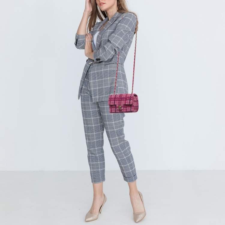 Pre Owned Chanel Pink Quilted Tweed Mini Classic Single Flap Bag