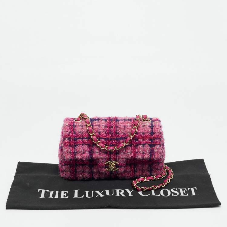 Pre Owned Chanel Pink Quilted Tweed Mini Classic Single Flap Bag