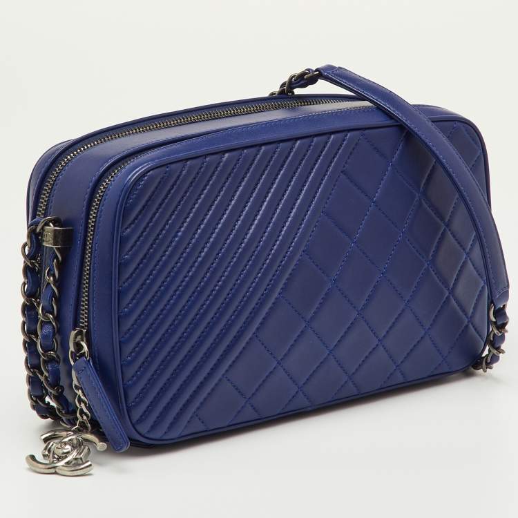Pre Owned Chanel Navy Blue Quilted Leather Large Coco Boy Camera Case Bag