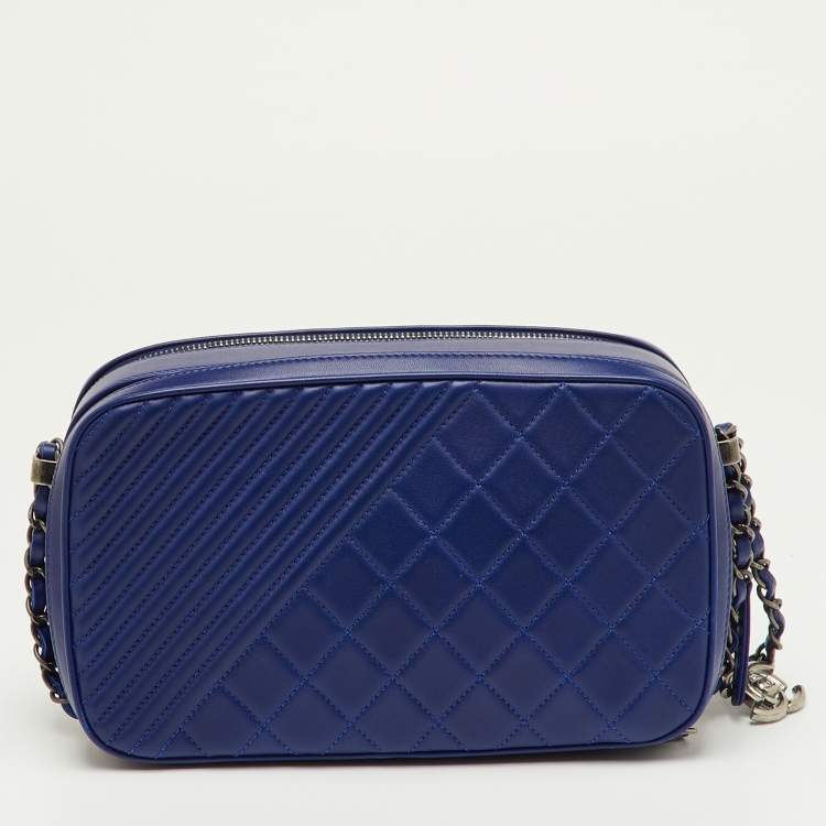 Pre Owned Chanel Navy Blue Quilted Leather Large Coco Boy Camera Case Bag