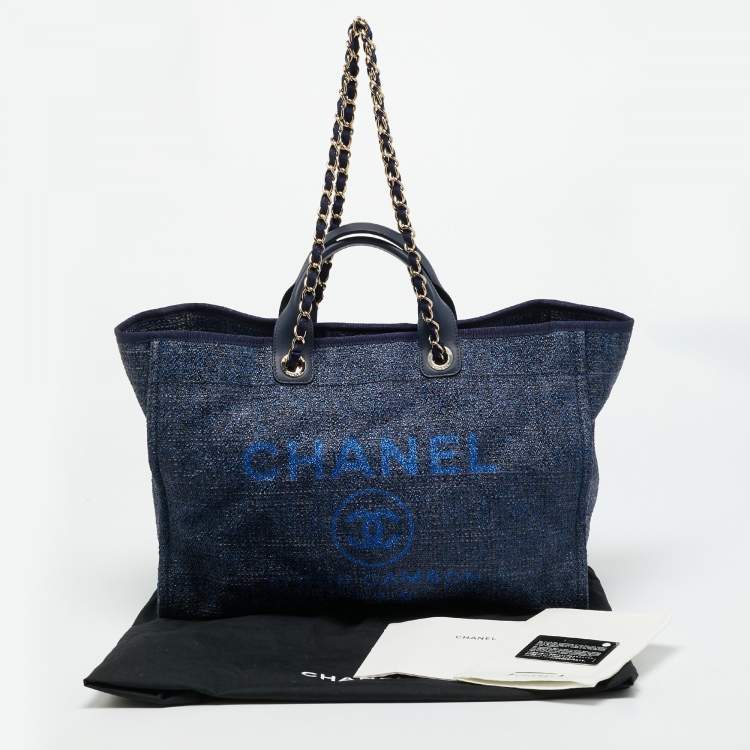 Pre Owned Chanel Navy Blue Straw and Lurex Fabric Large Deauville Shopper Tote