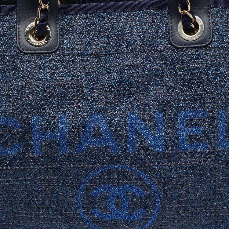 Pre Owned Chanel Navy Blue Straw and Lurex Fabric Large Deauville Shopper Tote