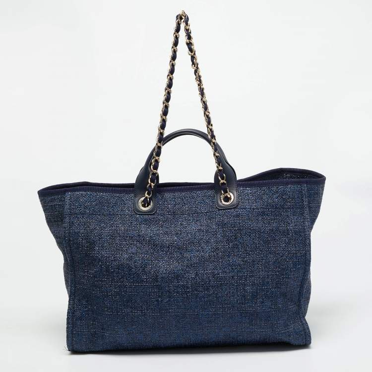 Pre Owned Chanel Navy Blue Straw and Lurex Fabric Large Deauville Shopper Tote