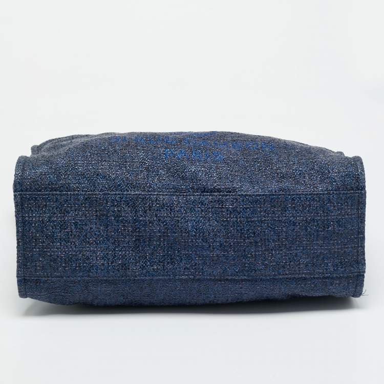 Pre Owned Chanel Navy Blue Straw and Lurex Fabric Large Deauville Shopper Tote