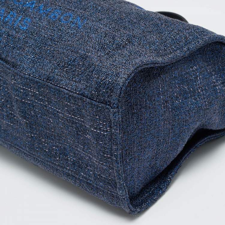 Pre Owned Chanel Navy Blue Straw and Lurex Fabric Large Deauville Shopper Tote