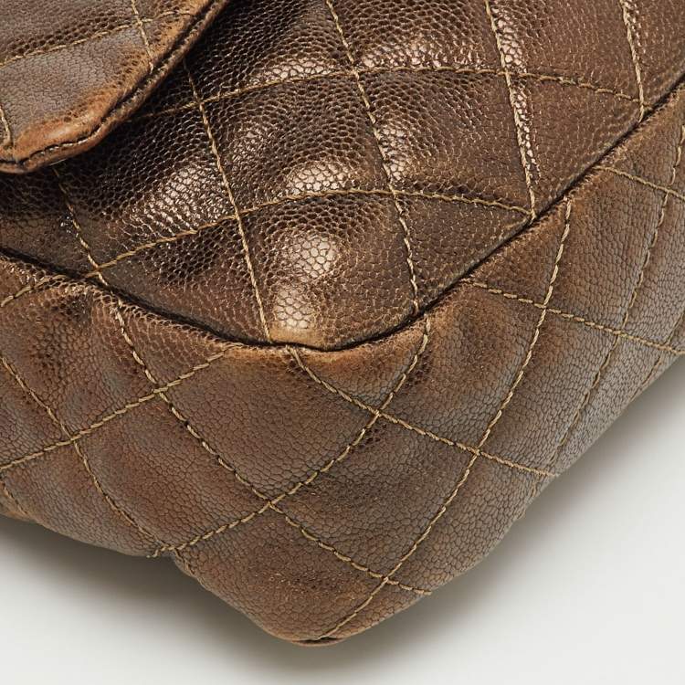 Pre Owned Chanel Metallic Brown Quilted Caviar Leather Jumbo Easy Flap Bag