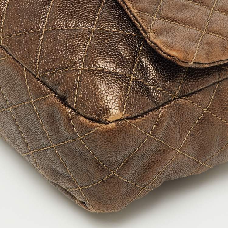 Pre Owned Chanel Metallic Brown Quilted Caviar Leather Jumbo Easy Flap Bag