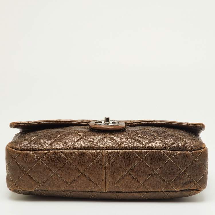 Pre Owned Chanel Metallic Brown Quilted Caviar Leather Jumbo Easy Flap Bag