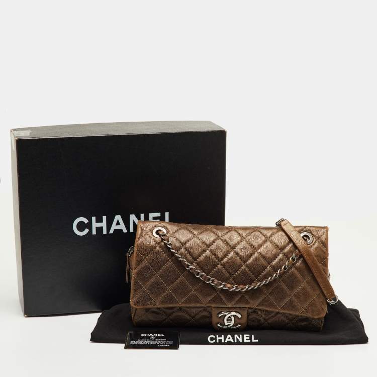 Pre Owned Chanel Metallic Brown Quilted Caviar Leather Jumbo Easy Flap Bag