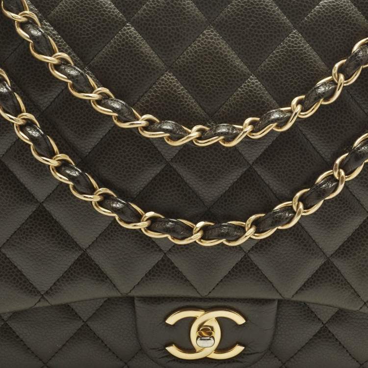 Pre Owned Chanel Classic Double Flap Maxi Green Quilted Caviar Leather Bag