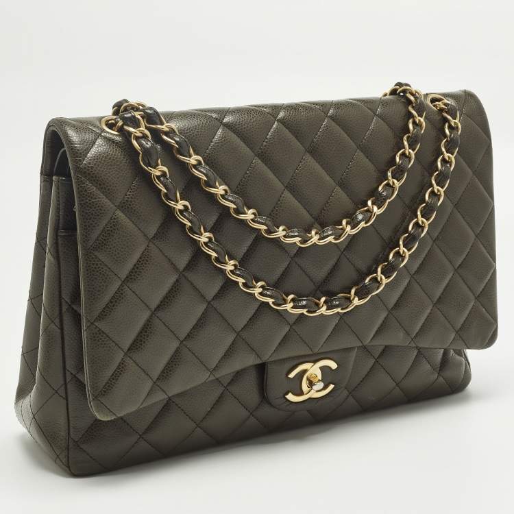 Pre Owned Chanel Classic Double Flap Maxi Green Quilted Caviar Leather Bag
