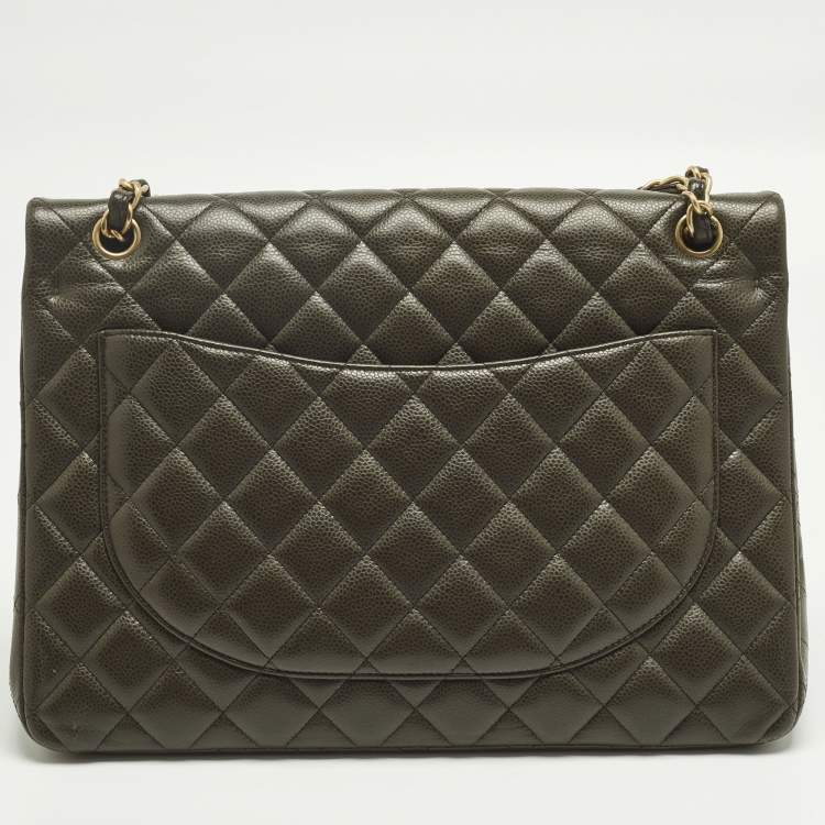 Pre Owned Chanel Classic Double Flap Maxi Green Quilted Caviar Leather Bag