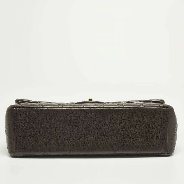 Pre Owned Chanel Classic Double Flap Maxi Green Quilted Caviar Leather Bag
