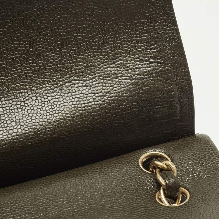 Pre Owned Chanel Classic Double Flap Maxi Green Quilted Caviar Leather Bag