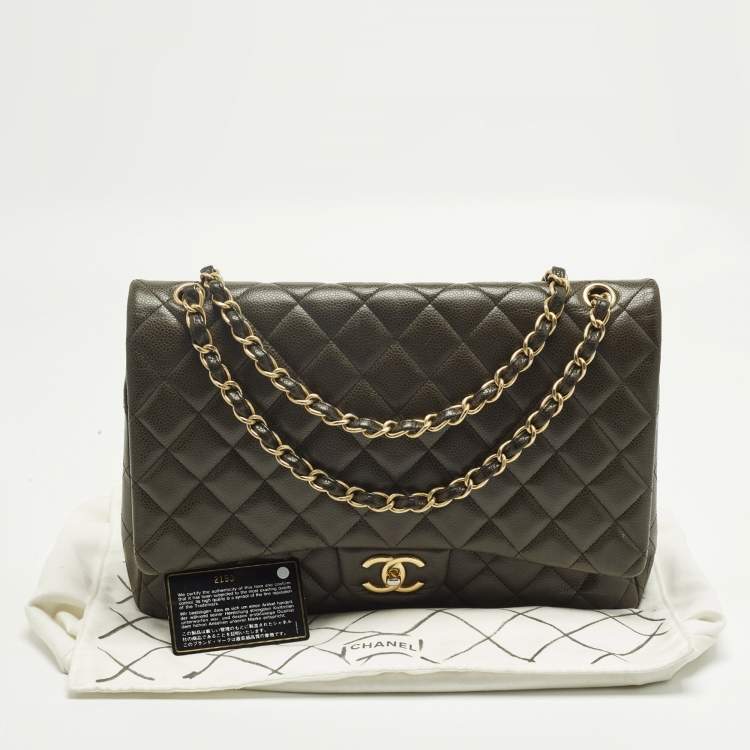 Pre Owned Chanel Classic Double Flap Maxi Green Quilted Caviar Leather Bag