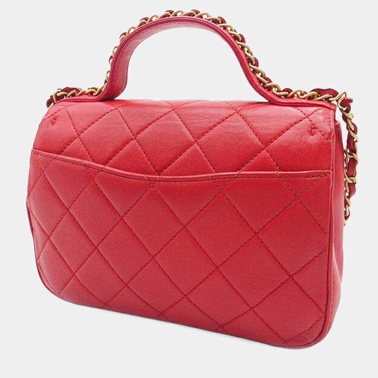 Pre Owned Chanel Red Quilted Lambskin Chain Infinity Top Handle Bag
