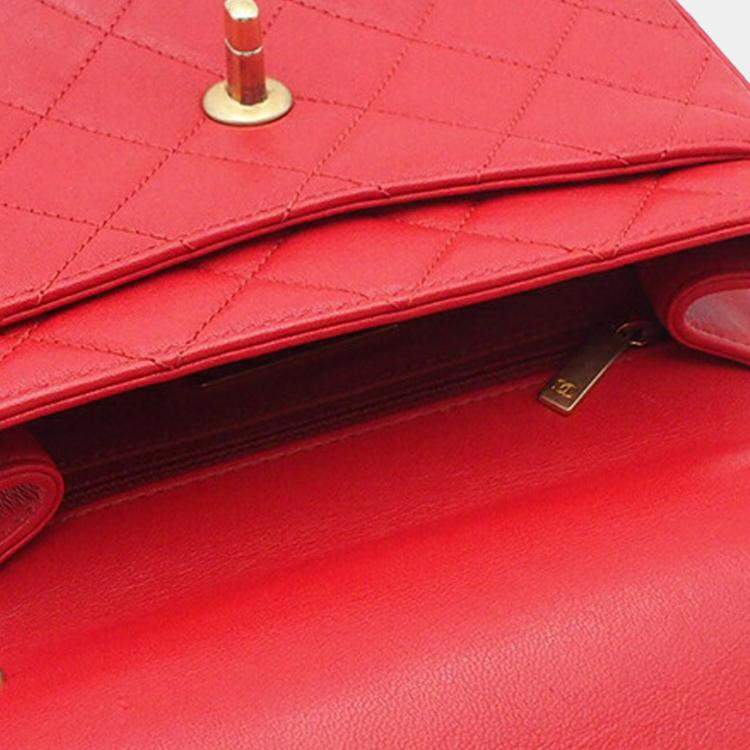 Pre Owned Chanel Red Quilted Lambskin Chain Infinity Top Handle Bag