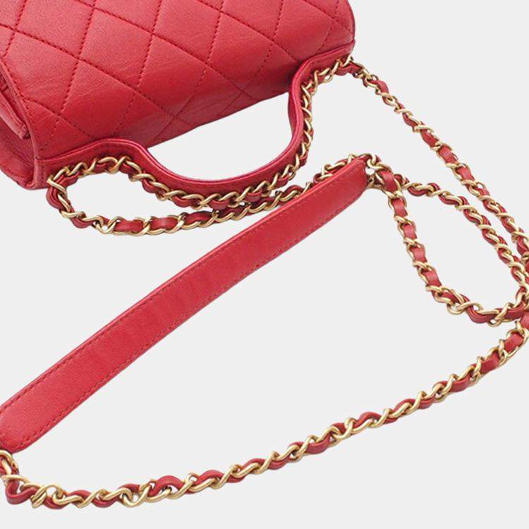 Pre Owned Chanel Red Quilted Lambskin Chain Infinity Top Handle Bag